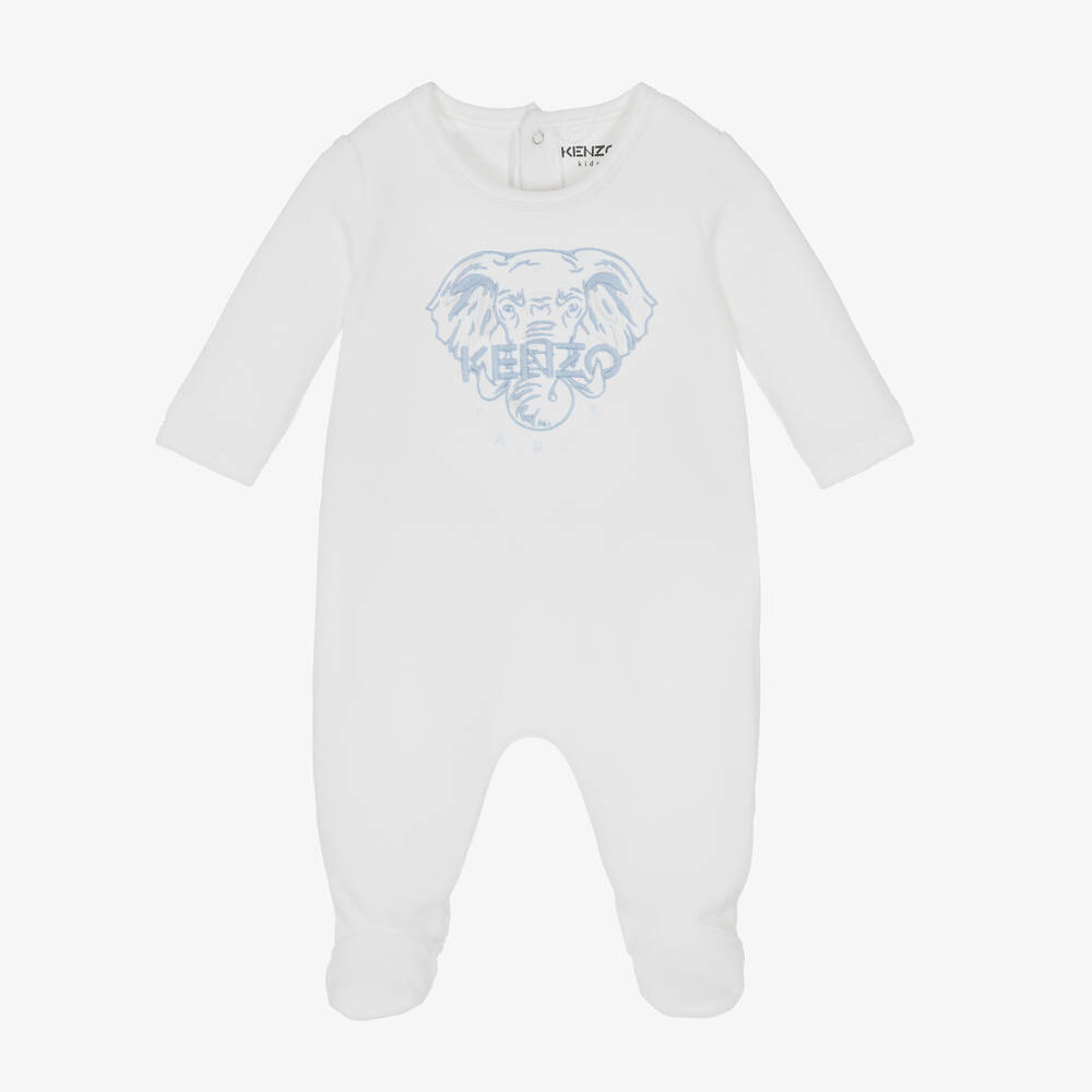 KENZO KIDS - White Velour Elephant Logo Babygrow | Childrensalon