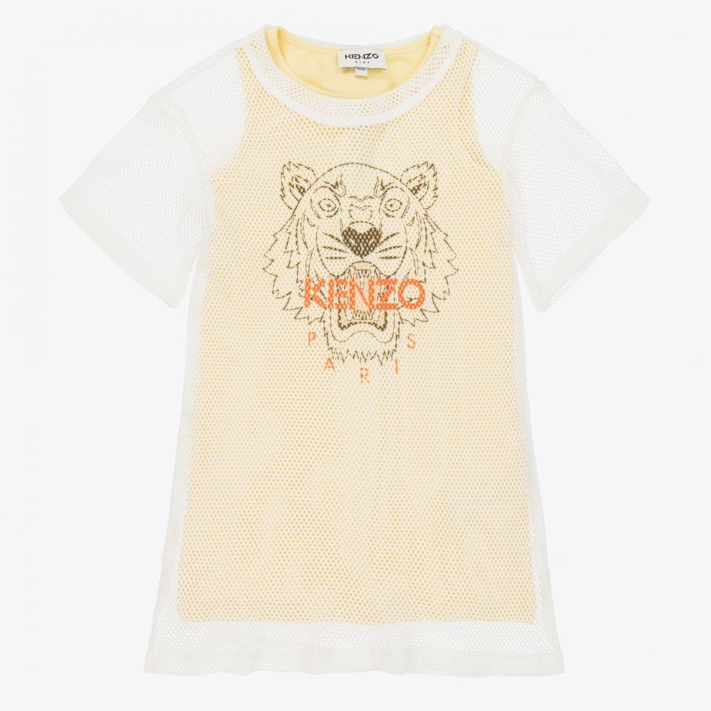 KENZO KIDS - Желтое сетчатое платье 2-в-1 с тигром | Childrensalon