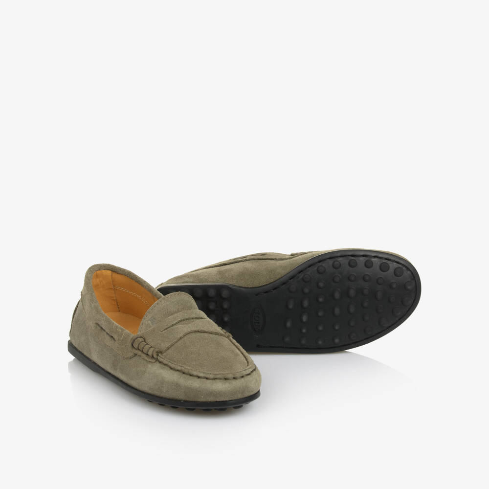 Tod's-Khaki Green Suede Leather Moccasins | Childrensalon Outlet