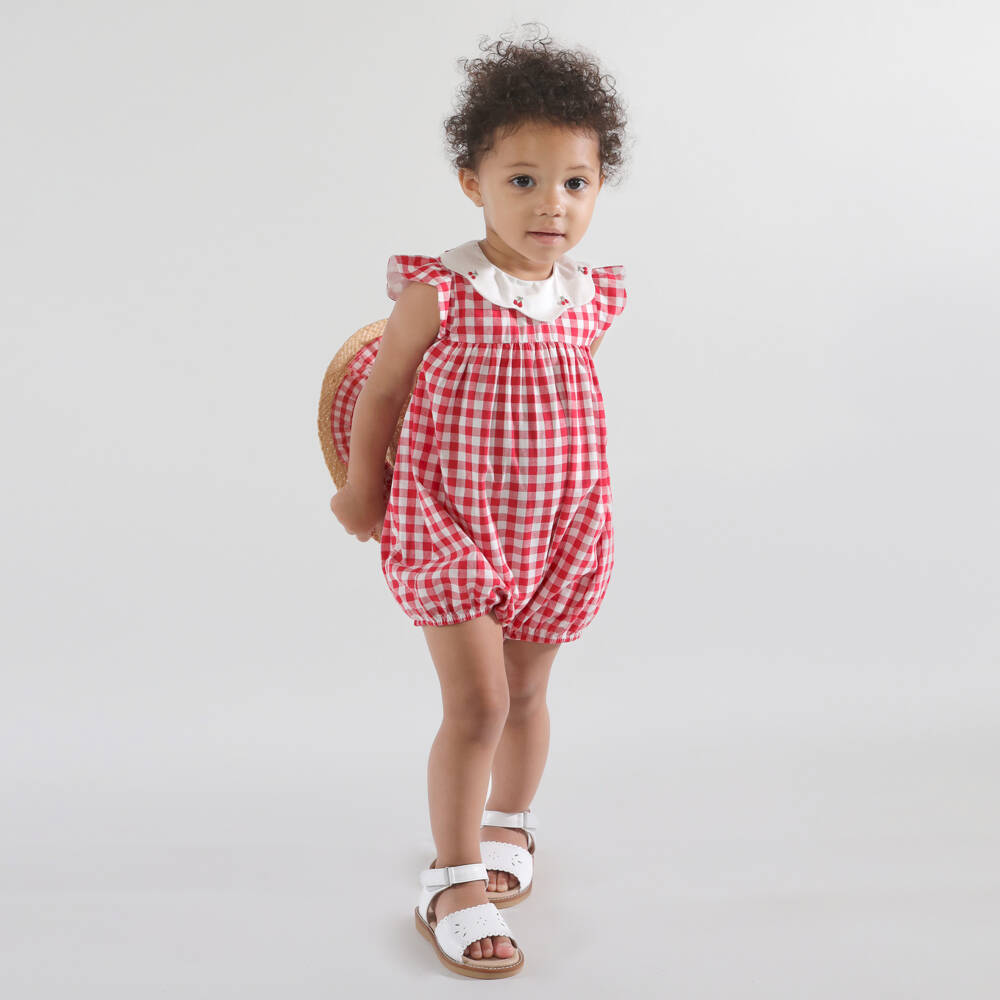 Kidiwi-Baby Girls Red Gingham Hand-Embroidered Cotton Shortie | Childrensalon Outlet