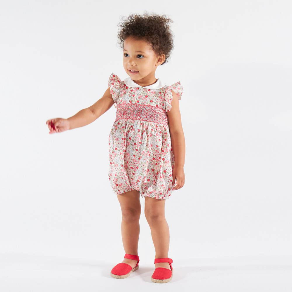 Kidiwi-Baby Girls Red Strawberry & Floral Hand-Smocked Shortie | Childrensalon Outlet