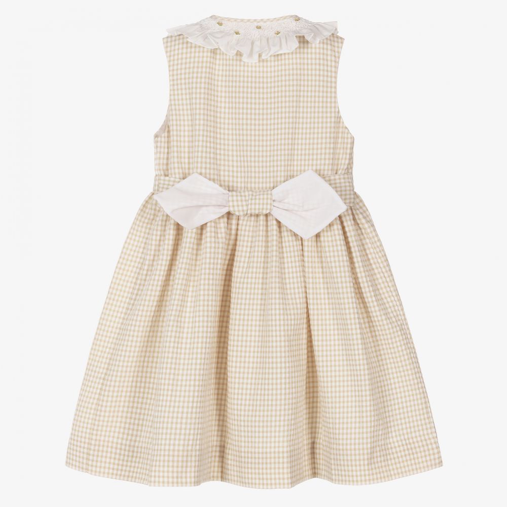 Kidiwi-Beige Gingham Smocked Dress  | Childrensalon Outlet
