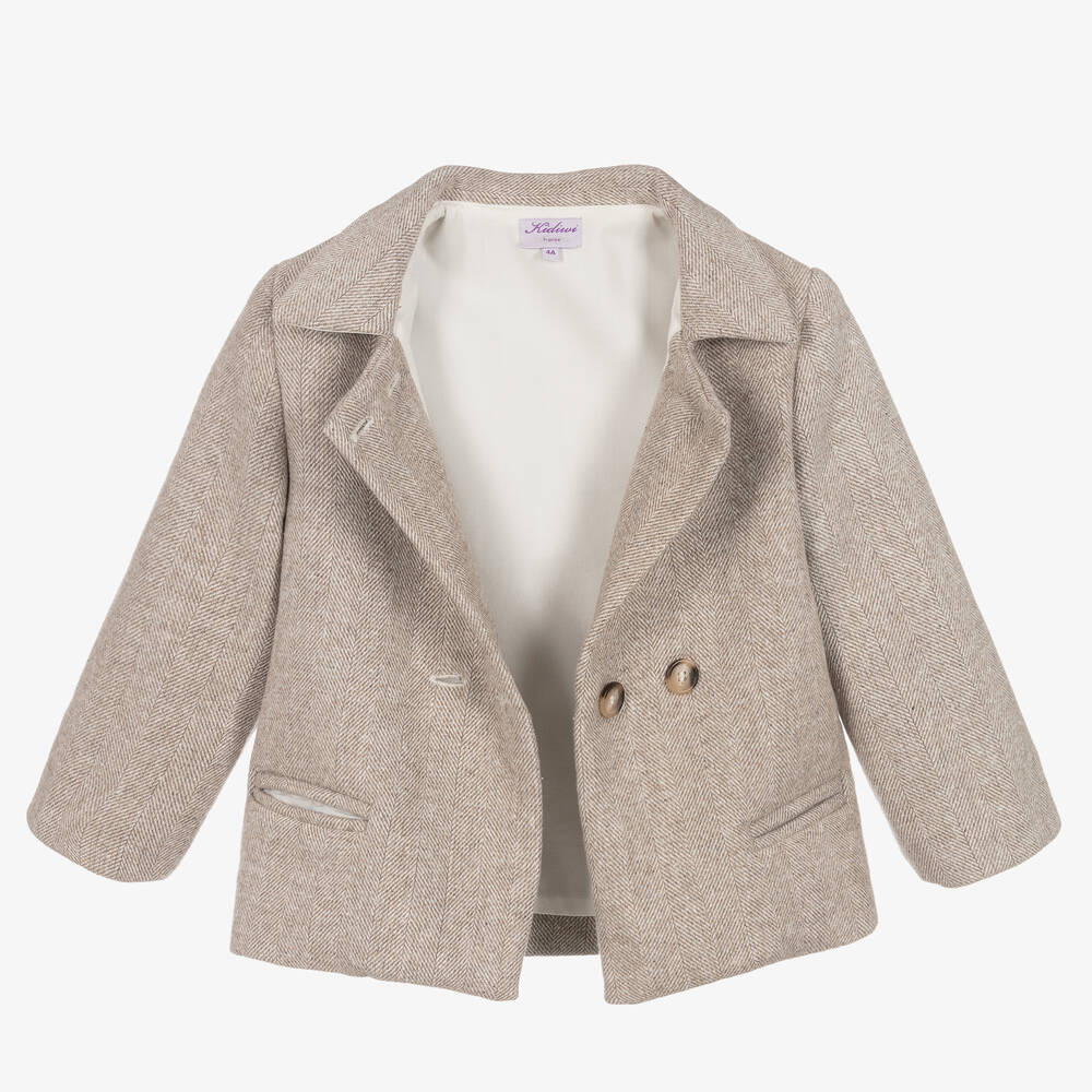 Kidiwi-Beige Herringbone Tweed Jacket | Childrensalon Outlet