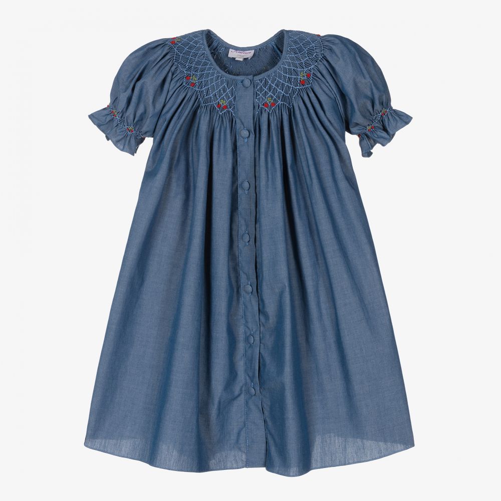 Kidiwi-Голубое платье из шамбре с вафельными сборками | Childrensalon Outlet