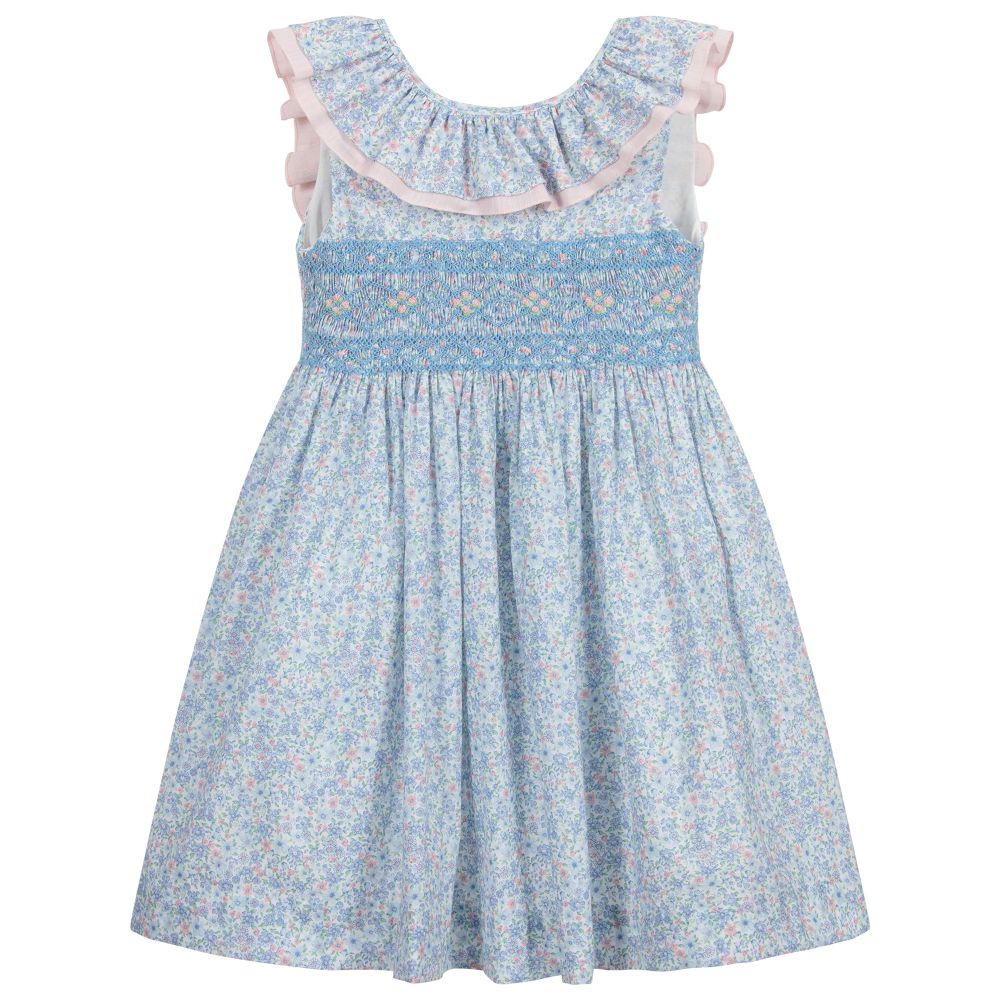 Kidiwi - Blaues, gesmoktes Kleid mit Blumen | Childrensalon