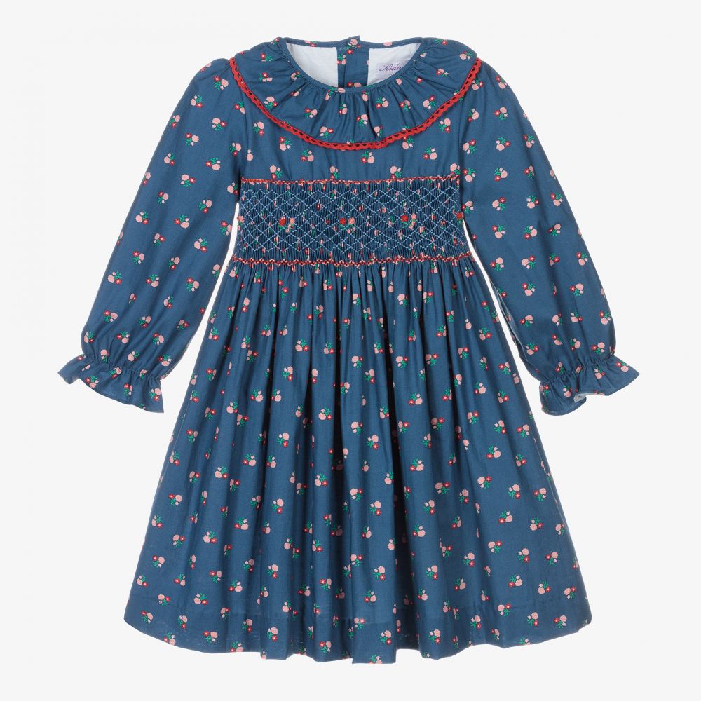 Kidiwi - Blaues, gesmoktes Kleid mit Blumen | Childrensalon