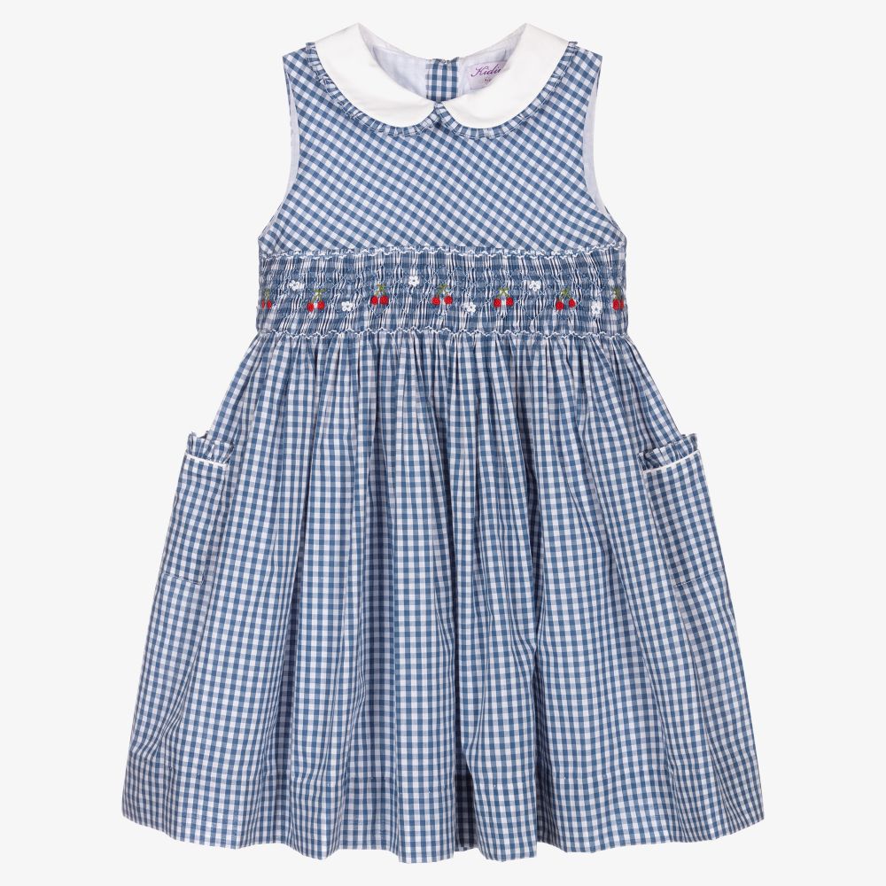 Kidiwi - Blaues, gesmoktes Kleid mit Vichykaros  | Childrensalon