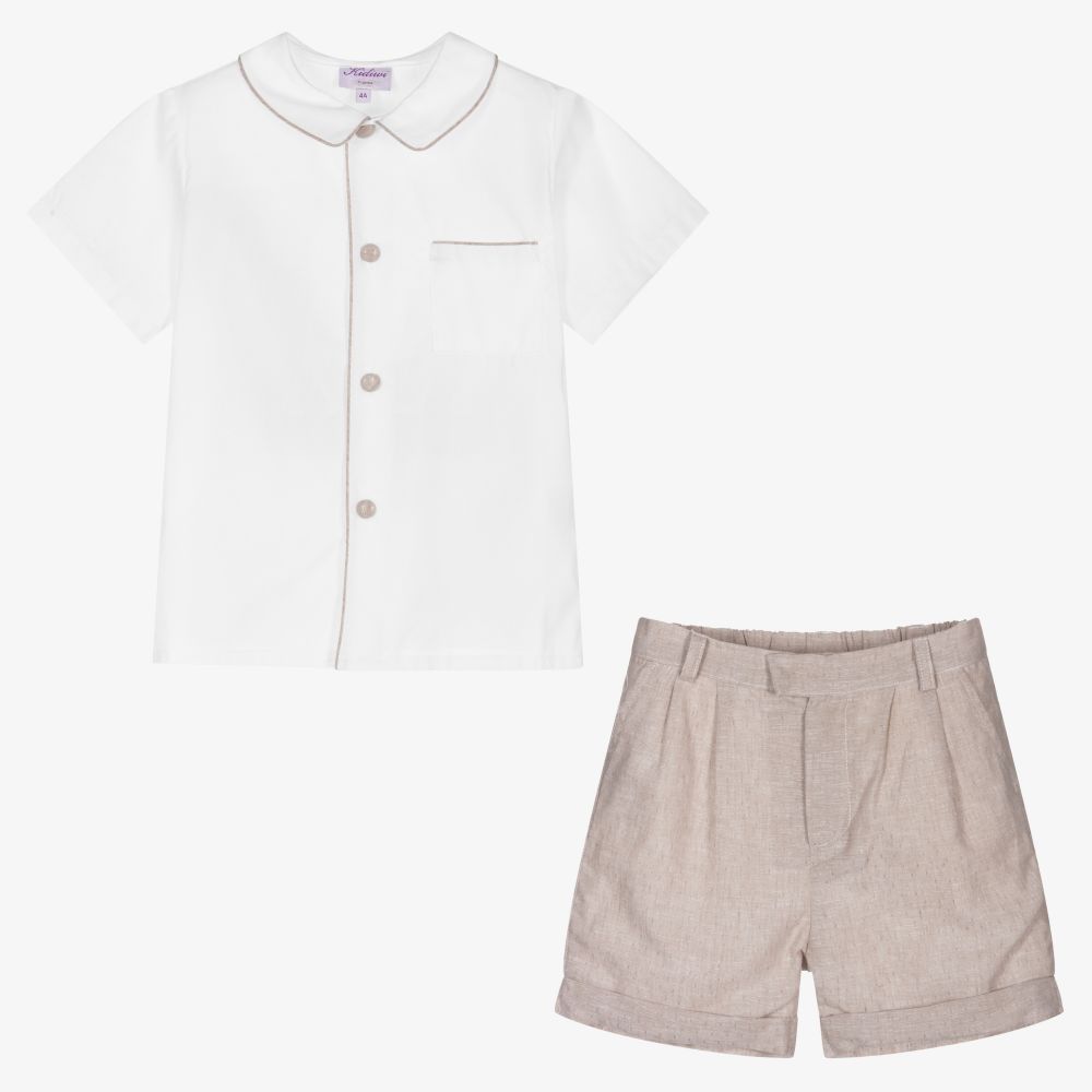 Kidiwi-Boys Beige Linen Shorts Set | Childrensalon Outlet