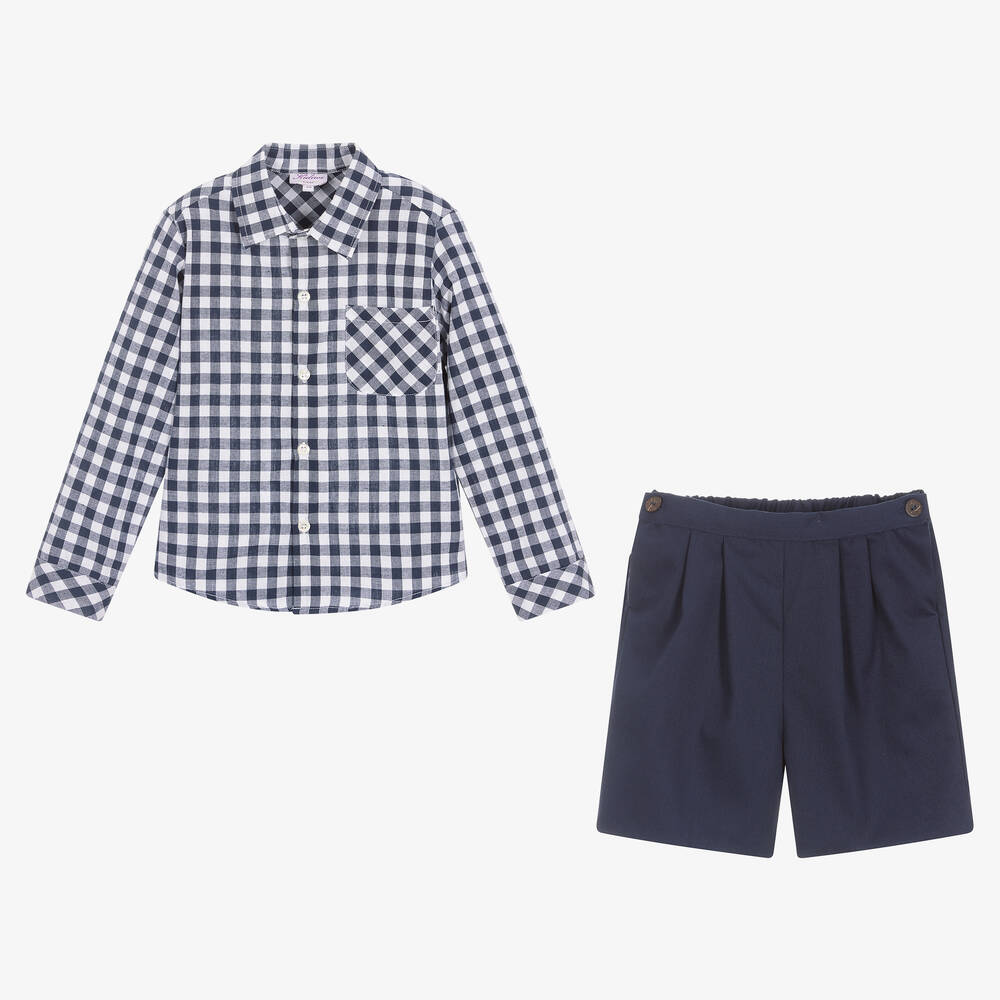 Kidiwi-Boys Blue Gingham Cotton Shorts Set | Childrensalon Outlet
