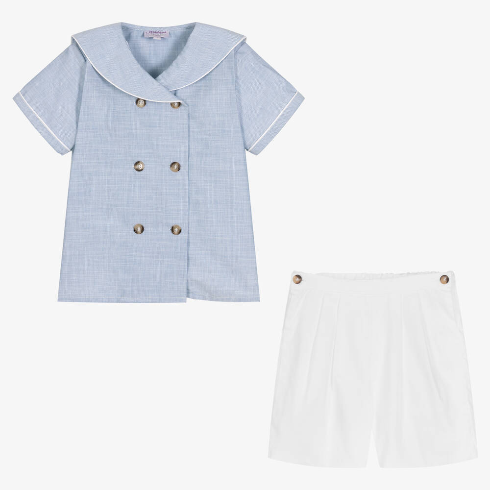 Kidiwi-Boys Blue & White Cotton Shorts Set | Childrensalon Outlet