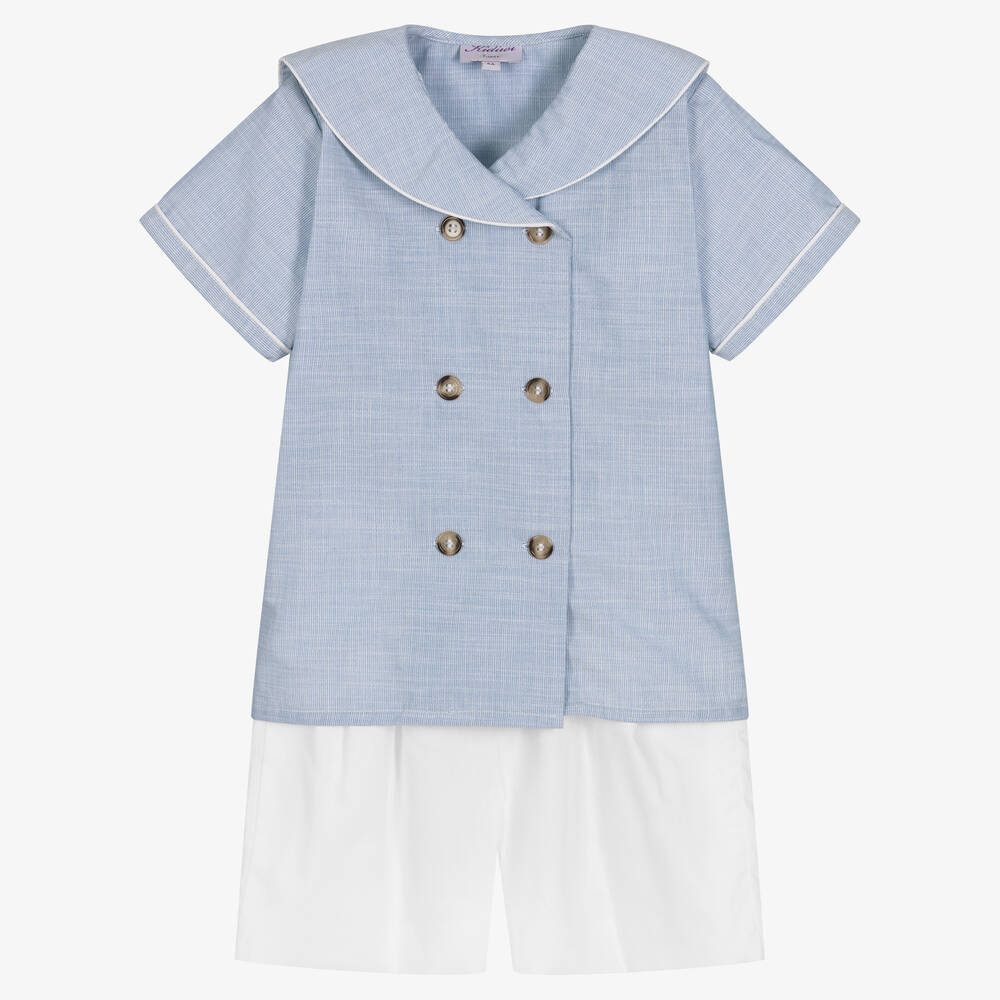 Boys Blue White Cotton Shorts Set