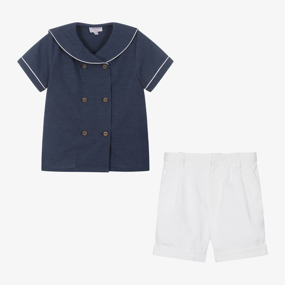Kidiwi-Boys Blue & White Cotton Shorts Set | Childrensalon Outlet