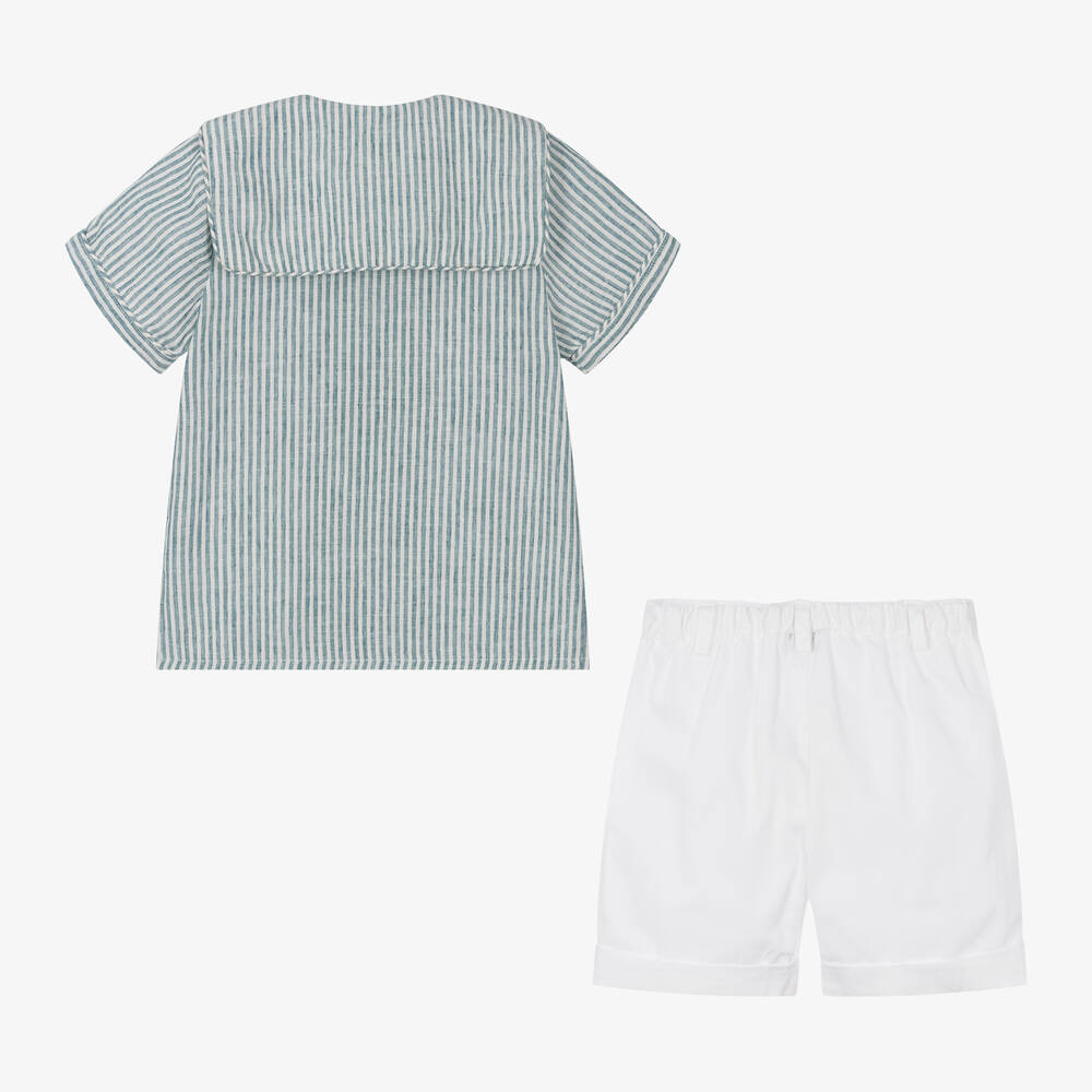 Kidiwi-طقم شورت قطن لون أبيض وأزرق للأولاد | Childrensalon Outlet