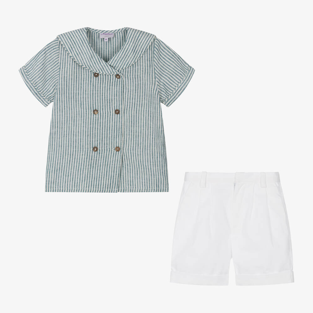 Kidiwi-طقم شورت قطن لون أبيض وأزرق للأولاد | Childrensalon Outlet