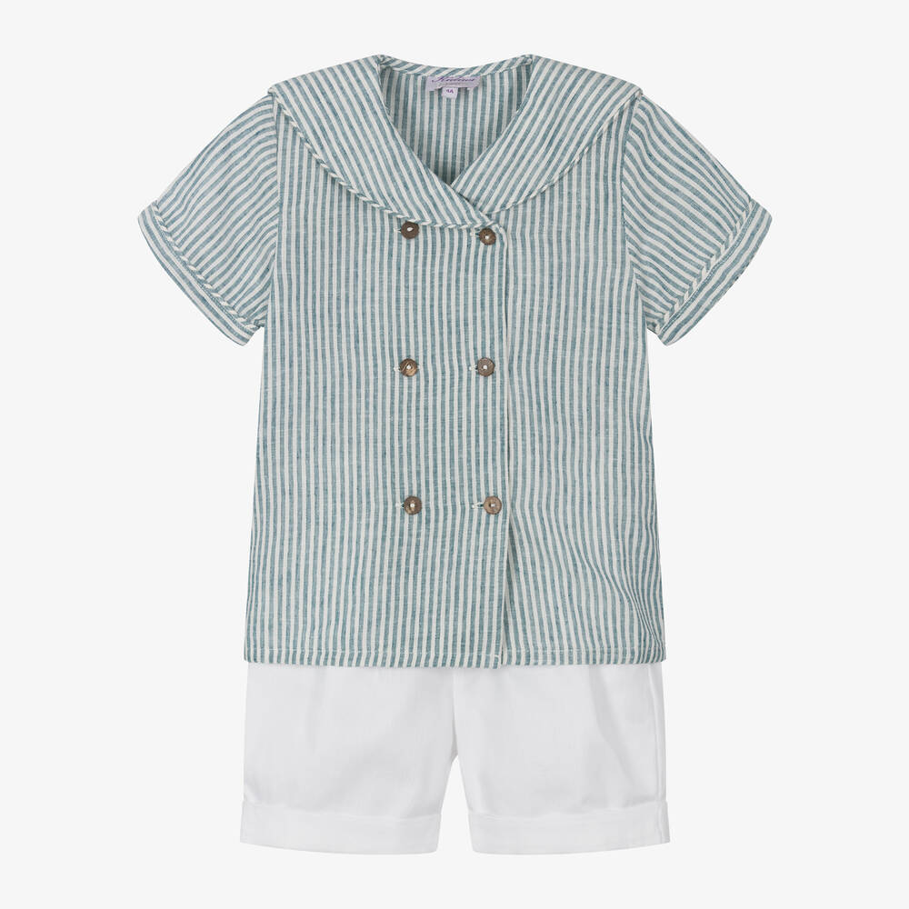 Kidiwi-Boys Blue & White Cotton Shorts Set | Childrensalon Outlet
