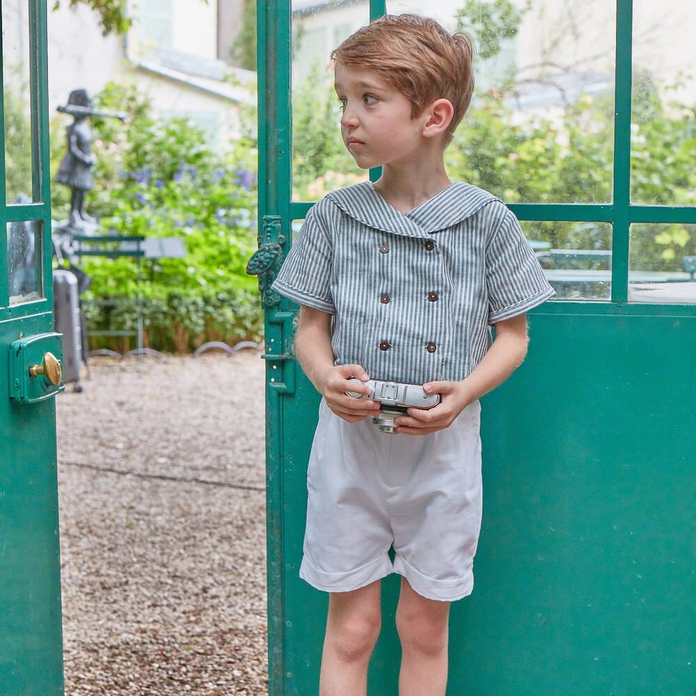 Kidiwi-طقم شورت قطن لون أبيض وأزرق للأولاد | Childrensalon Outlet