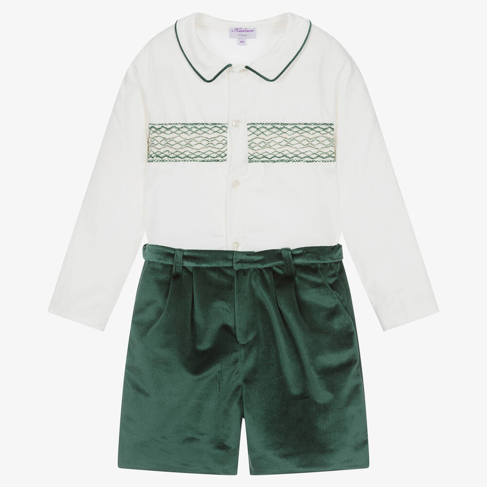 Kidiwi - Boys Green Velvet Shorts Set | Childrensalon