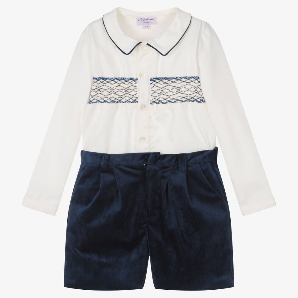 Kidiwi - Ensemble short velours ivoire bleu | Childrensalon