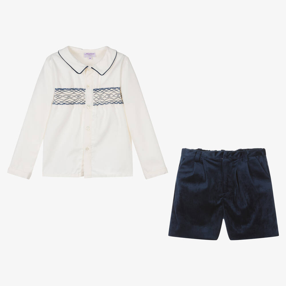 Kidiwi-Boys Ivory & Navy Blue Velvet Shorts Set | Childrensalon Outlet