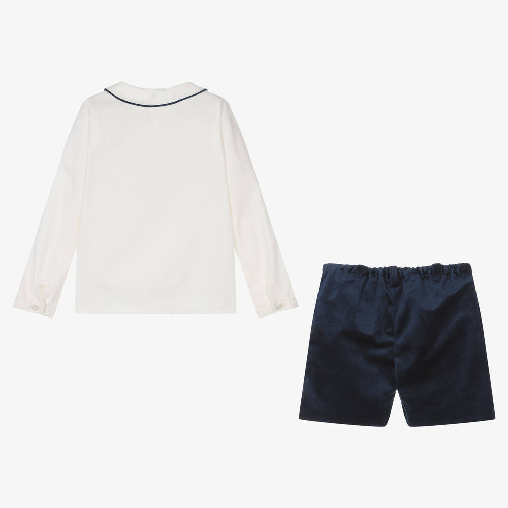 Kidiwi-Boys Ivory & Navy Blue Velvet Shorts Set | Childrensalon Outlet