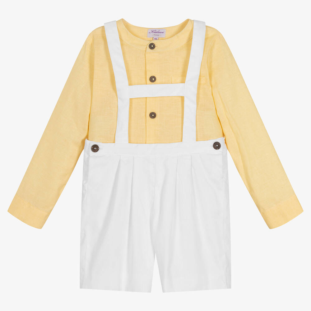 Kidiwi - طقم شورت وقميص قطن وكتان لون أبيض وأصفر | Childrensalon