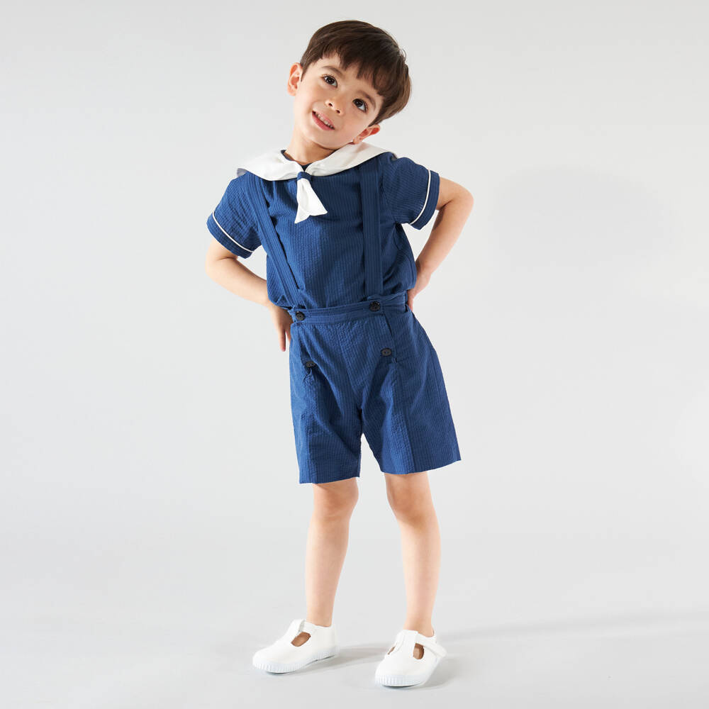 Kidiwi-Boys Navy Blue Cotton Seersucker Sailor Shorts Set | Childrensalon Outlet