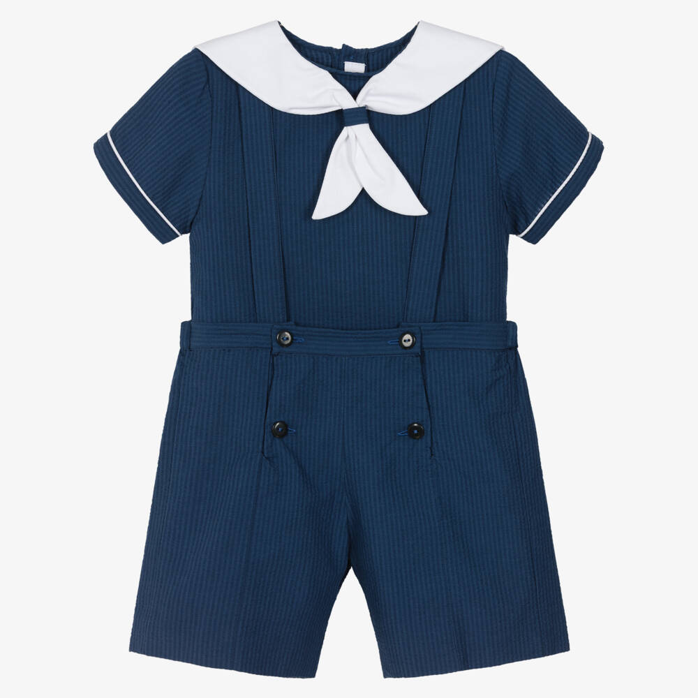 Kidiwi-Boys Navy Blue Cotton Seersucker Sailor Shorts Set | Childrensalon Outlet