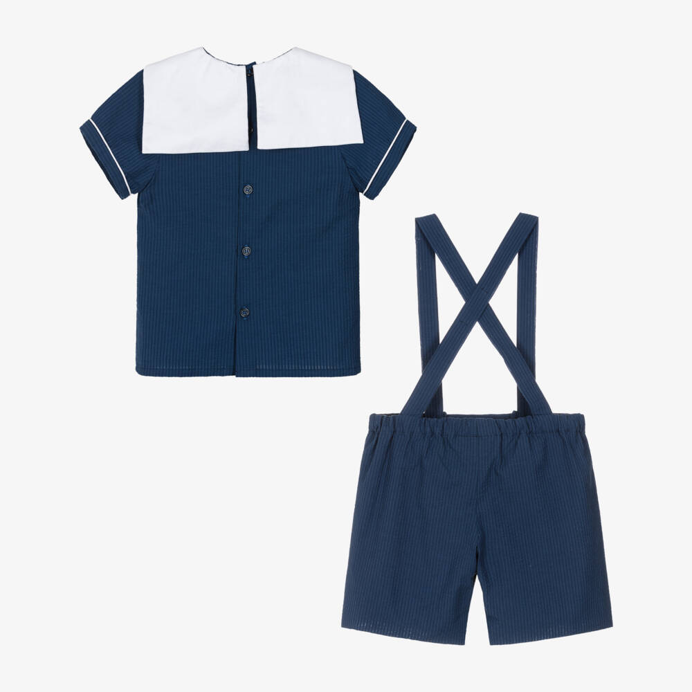 Kidiwi-Boys Navy Blue Cotton Seersucker Sailor Shorts Set | Childrensalon Outlet