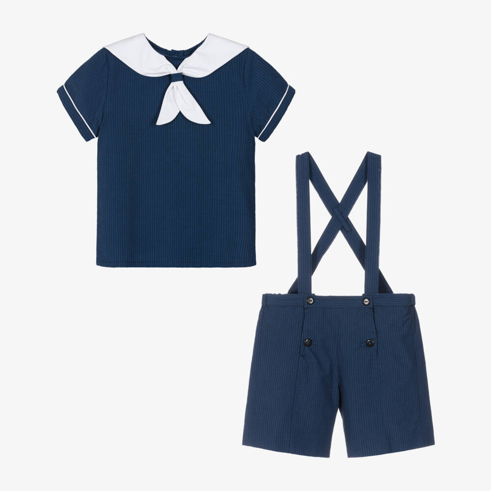 Kidiwi-Boys Navy Blue Cotton Seersucker Sailor Shorts Set | Childrensalon Outlet