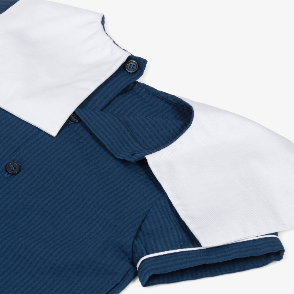 Kidiwi-Boys Navy Blue Cotton Seersucker Sailor Shorts Set | Childrensalon Outlet
