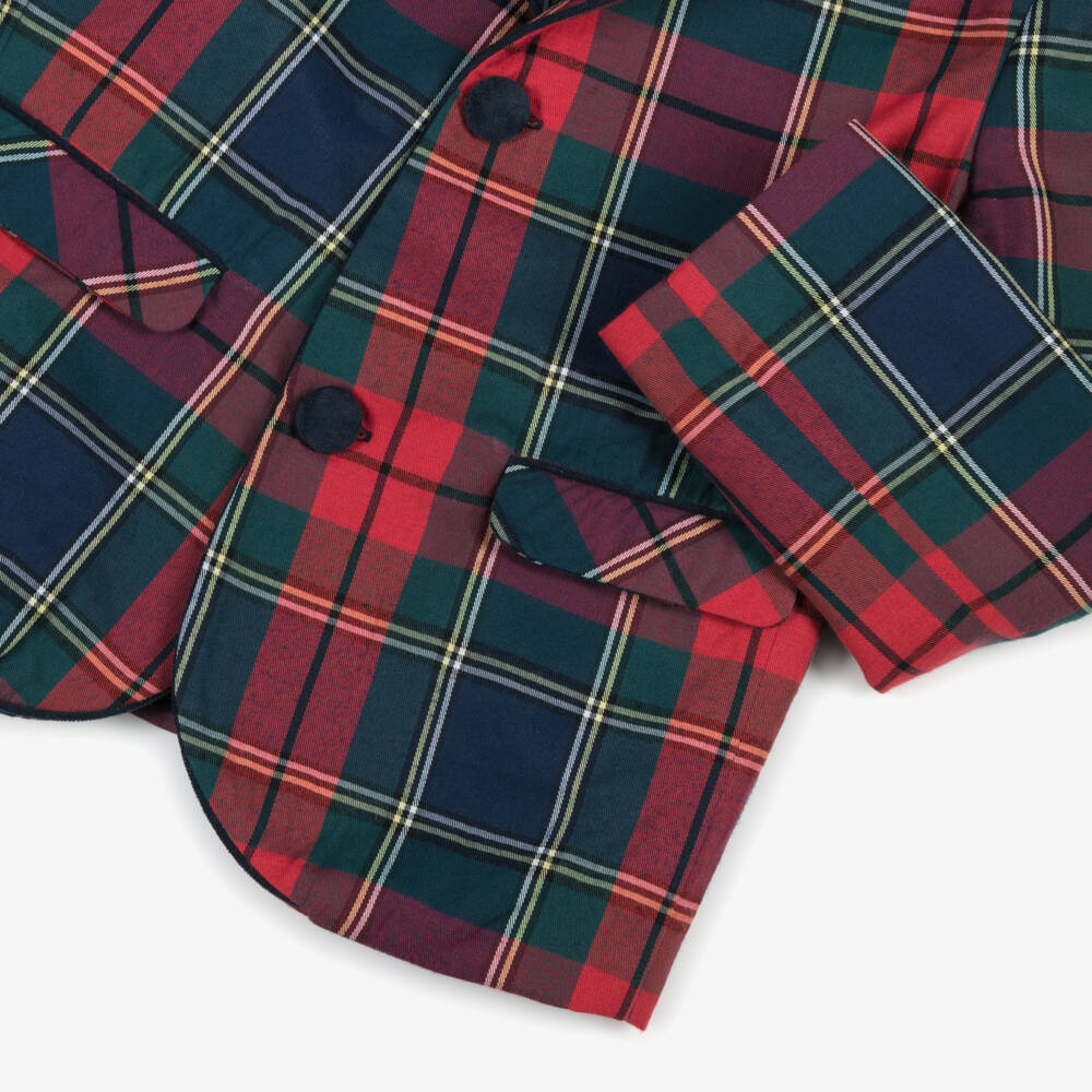 Kidiwi-Boys Red Tartan Cotton Blazer with Velvet Trims | Childrensalon Outlet