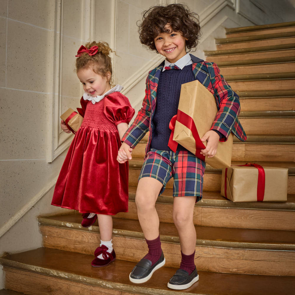 Kidiwi-Boys Red Tartan Cotton Blazer with Velvet Trims | Childrensalon Outlet