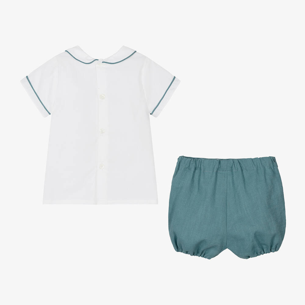 Kidiwi-طقم شورت مطرز سموكينغ قطن وكتان لون أخضر فيروزي | Childrensalon Outlet