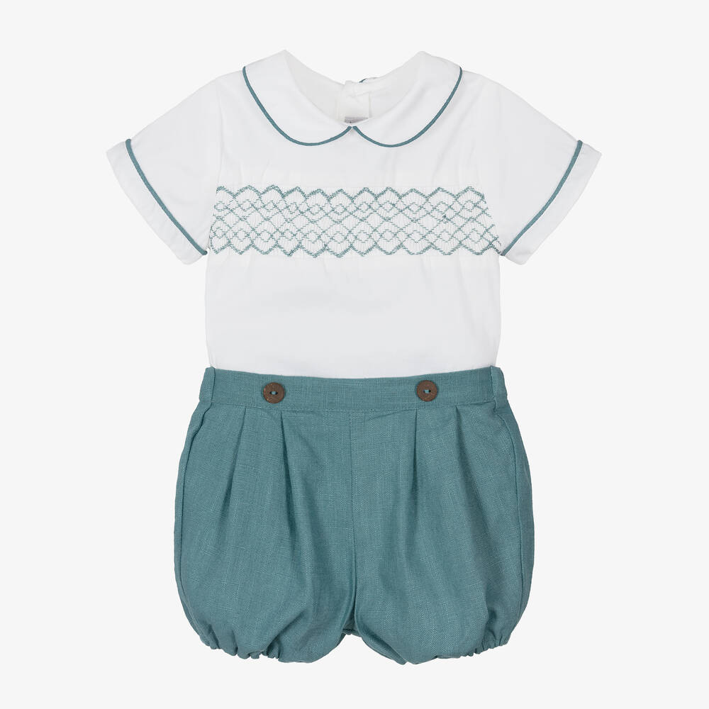 Kidiwi-Boys Teal Blue Smocked Shorts Set | Childrensalon Outlet