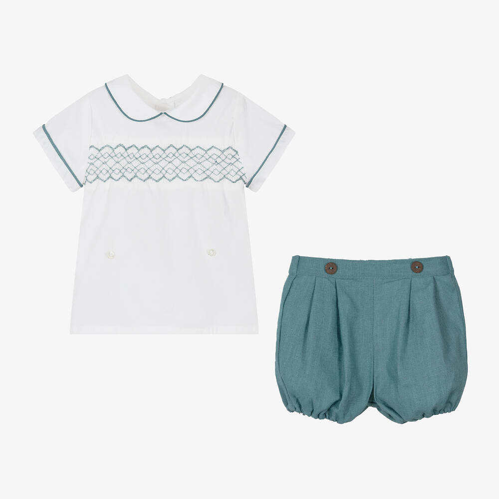 Kidiwi-طقم شورت مطرز سموكينغ قطن وكتان لون أخضر فيروزي | Childrensalon Outlet