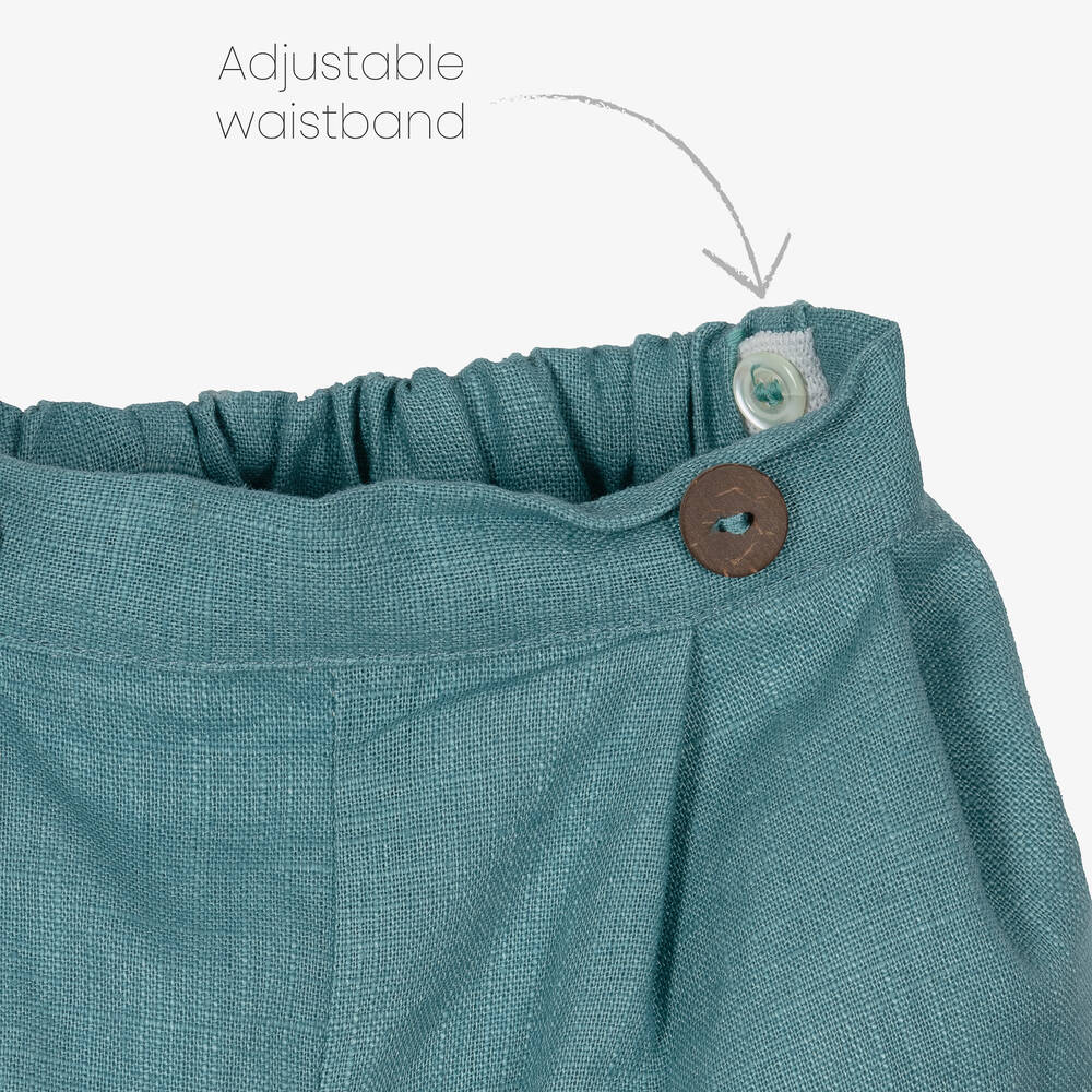 Kidiwi-طقم شورت مطرز سموكينغ قطن وكتان لون أخضر فيروزي | Childrensalon Outlet