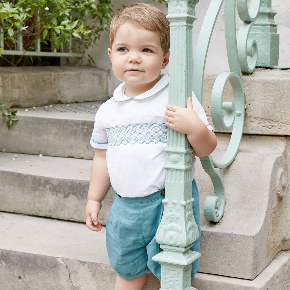 Kidiwi-طقم شورت مطرز سموكينغ قطن وكتان لون أخضر فيروزي | Childrensalon Outlet