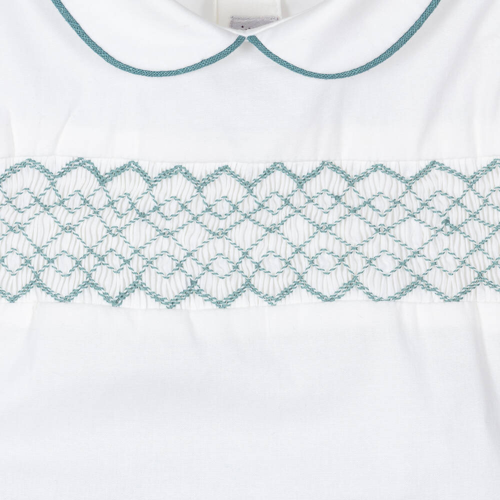 Kidiwi-طقم شورت مطرز سموكينغ قطن وكتان لون أخضر فيروزي | Childrensalon Outlet