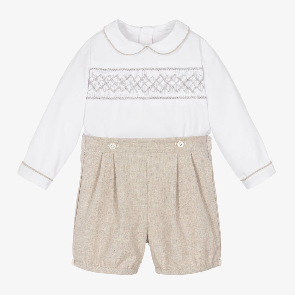 Kidiwi-Boys White & Beige Cotton Buster Suit | Childrensalon Outlet