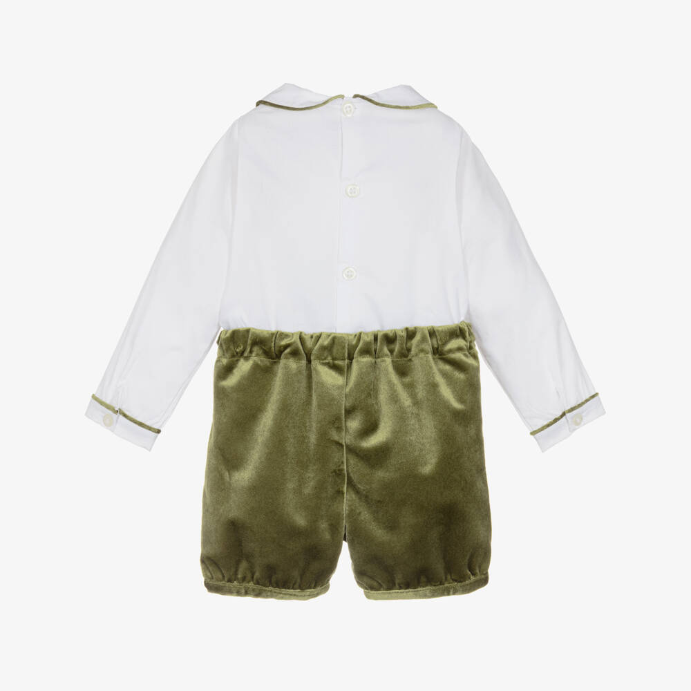 Kidiwi-Boys White & Olive Green Velvet Buster Suit | Childrensalon Outlet