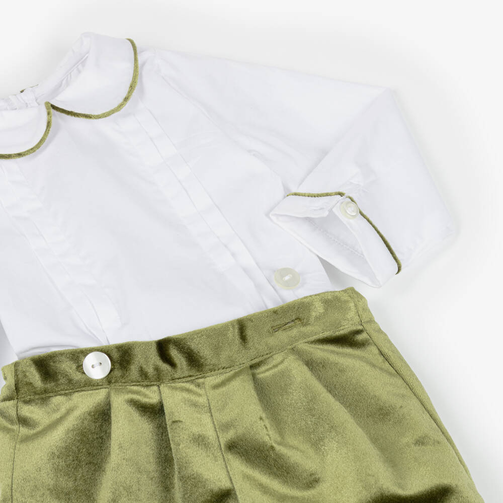 Kidiwi-Boys White & Olive Green Velvet Buster Suit | Childrensalon Outlet