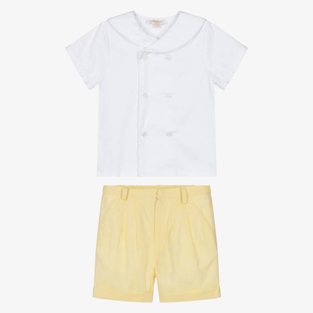 Kidiwi-Boys White Sailor Shirt & Yellow Cotton Shorts Set | Childrensalon Outlet