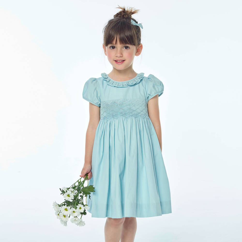 Kidiwi-Girls Aqua Hand-Crafted Poplin Dress | Childrensalon Outlet