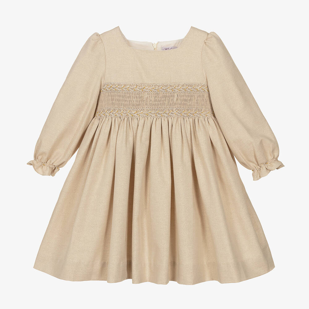 Kidiwi-Girls Beige Smocked Dress  | Childrensalon Outlet