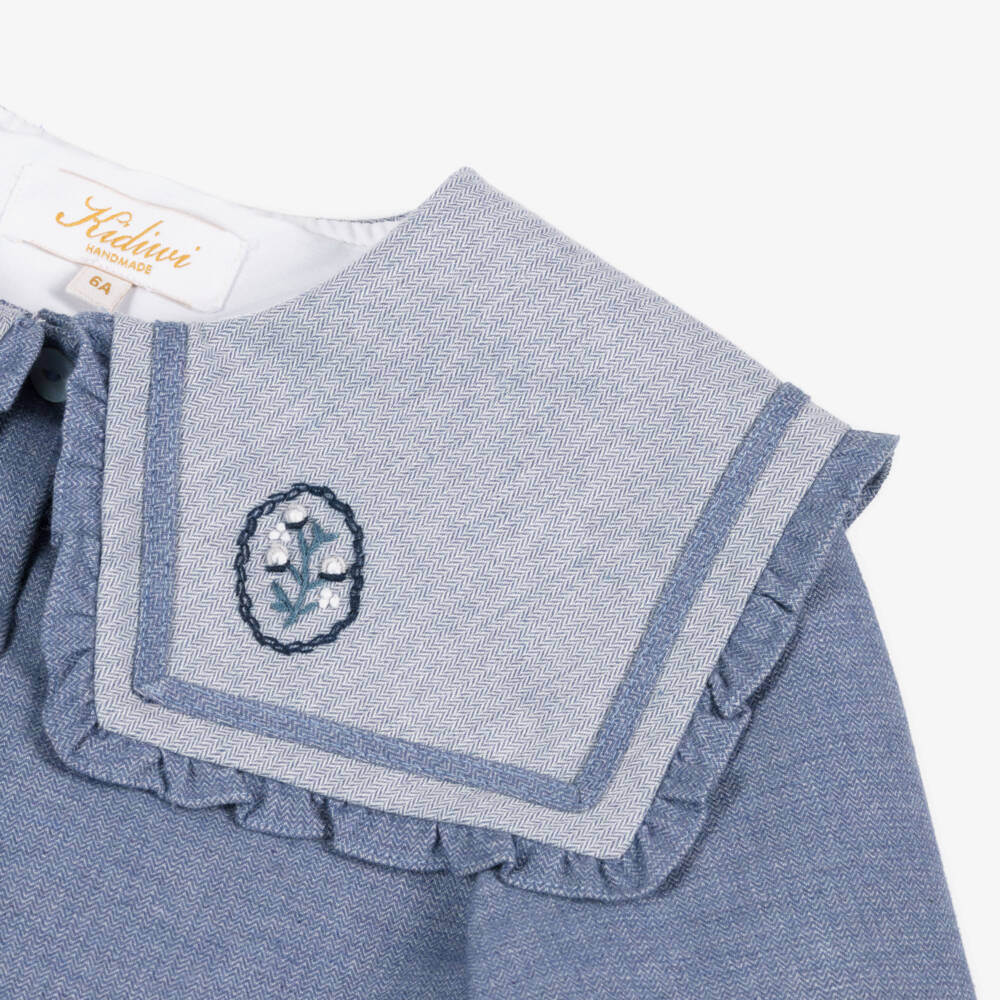 Kidiwi-فستان قطني أزرق مطرز للبنات | Childrensalon Outlet