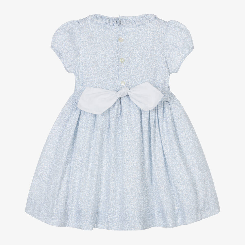 Kidiwi-Girls Blue Cotton Smocked Floral Dress | Childrensalon Outlet