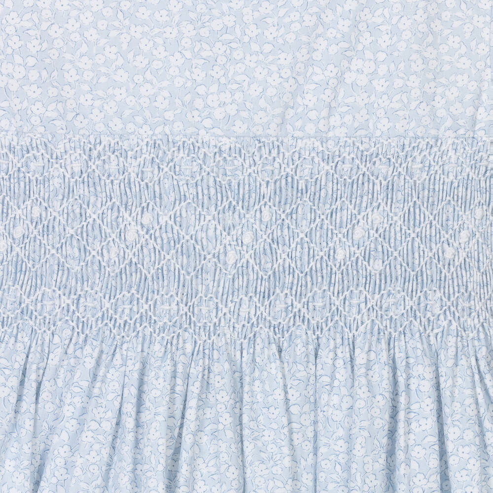 Kidiwi-Girls Blue Cotton Smocked Floral Dress | Childrensalon Outlet