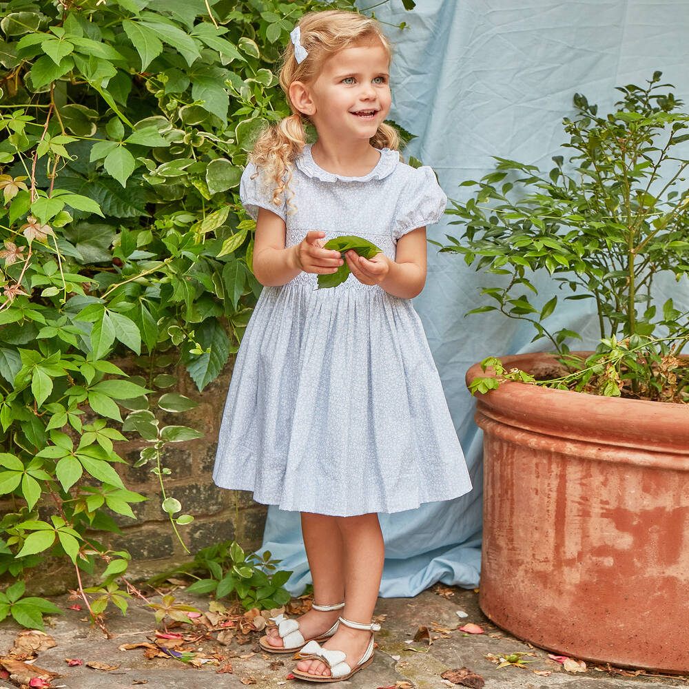 Kidiwi-Girls Blue Cotton Smocked Floral Dress | Childrensalon Outlet