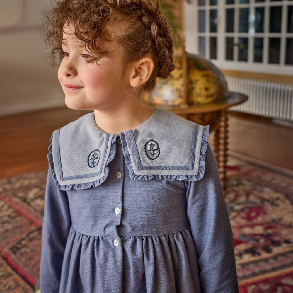 Kidiwi-Girls Blue Embroidered Cotton Dress | Childrensalon Outlet