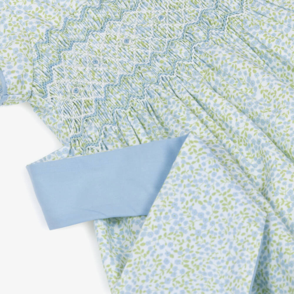 Kidiwi-Girls Blue & Green Cotton Floral Dress with Hand-Smocking | Childrensalon Outlet